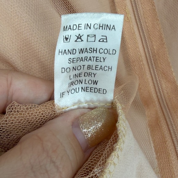 Peach Lace Sheer Blouse Mock Neck Puff Sleeve Romantic Top M As Is - Picture 8 of 9